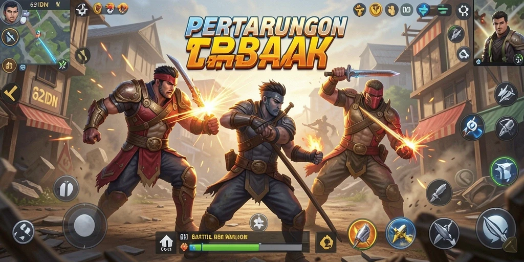 Screenshot utama gameplay 62IDN menampilkan aksi pertarungan Battle Royale.