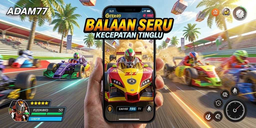 Screenshot gameplay ADAM77 menampilkan balapan yang mendebarkan dan kendaraan yang cepat.