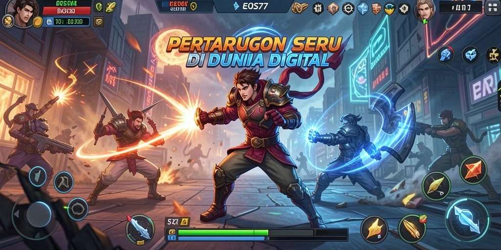 Screenshot gameplay EOS77 menampilkan aksi pertarungan yang mengesankan dan dinamis.