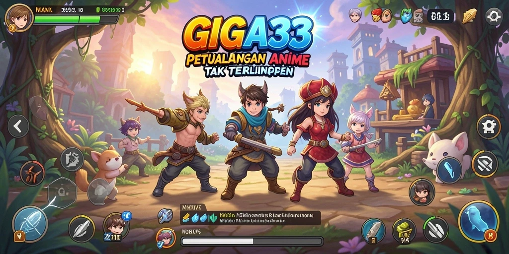 Tampilan gameplay GIGA33 dengan karakter anime yang ikonik dan dunia yang penuh petualangan.