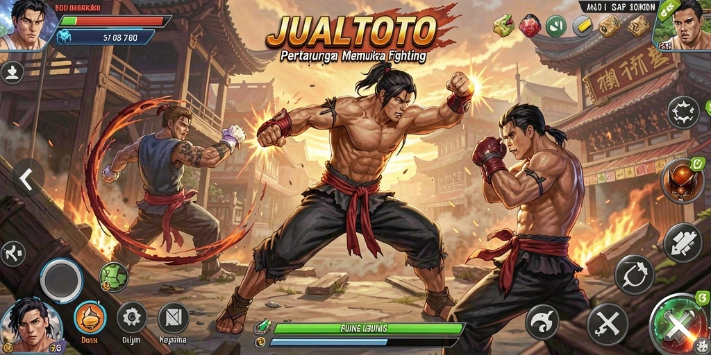 Tampilan gameplay JUALTOTO yang menampilkan pertarungan seru antara karakter.