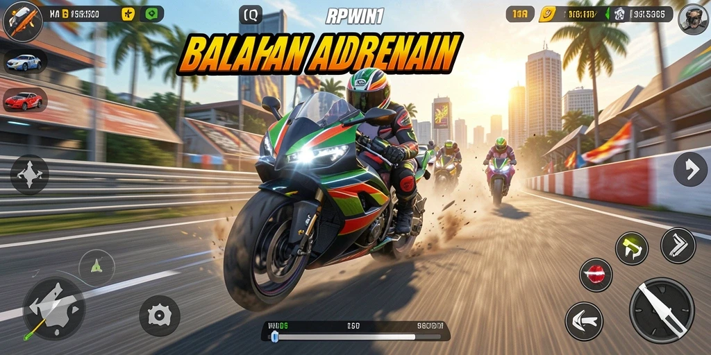 Tampilan gameplay balapan motor yang mendebarkan di RPWIN1.