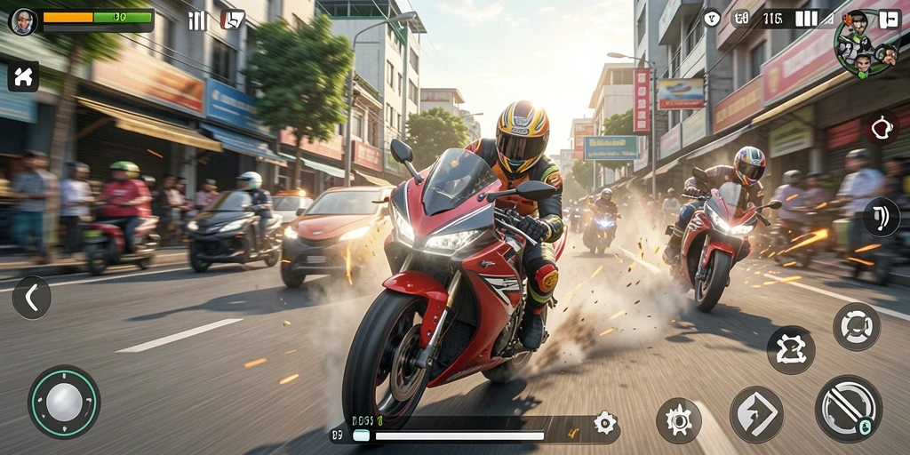 Screenshot T6 menampilkan aksi balapan motor yang seru.