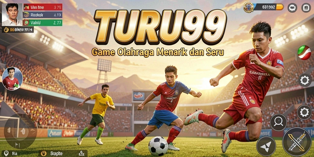 Screenshot utama TURU99 menampilkan aksi seru di lapangan olahraga.