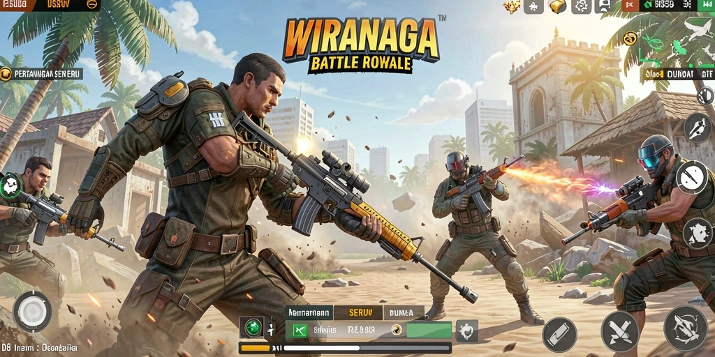 Tampilan screenshot WIRANAGA menampilkan intensitas pertempuran dalam mode Battle Royale.